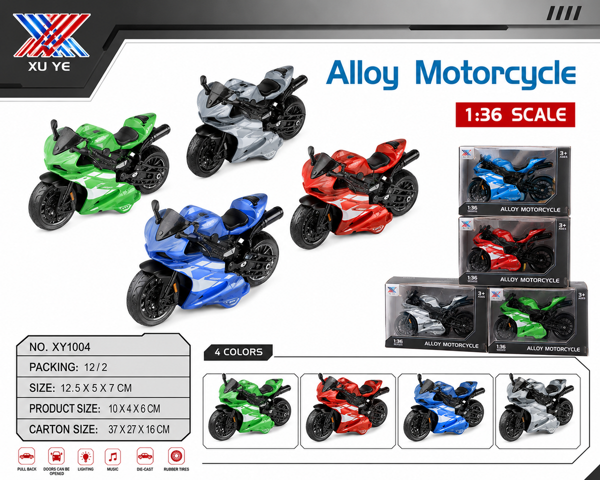 Mini Die-Cast Motorcycle Toy with Pull Back Action & Rubber Wheels