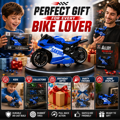 Mini Die-Cast Motorcycle Toy with Pull Back Action & Rubber Wheels
