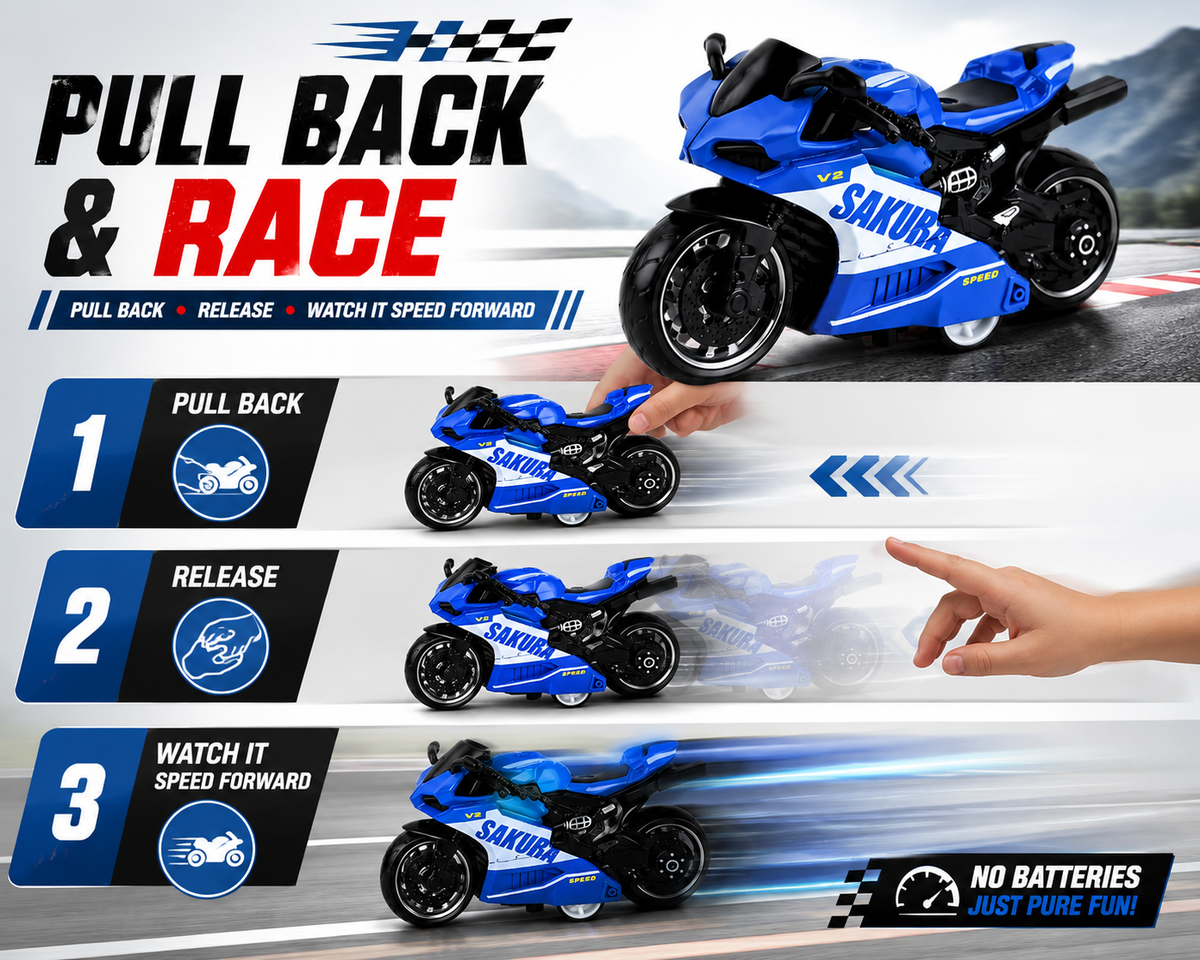 Mini Die-Cast Motorcycle Toy with Pull Back Action & Rubber Wheels