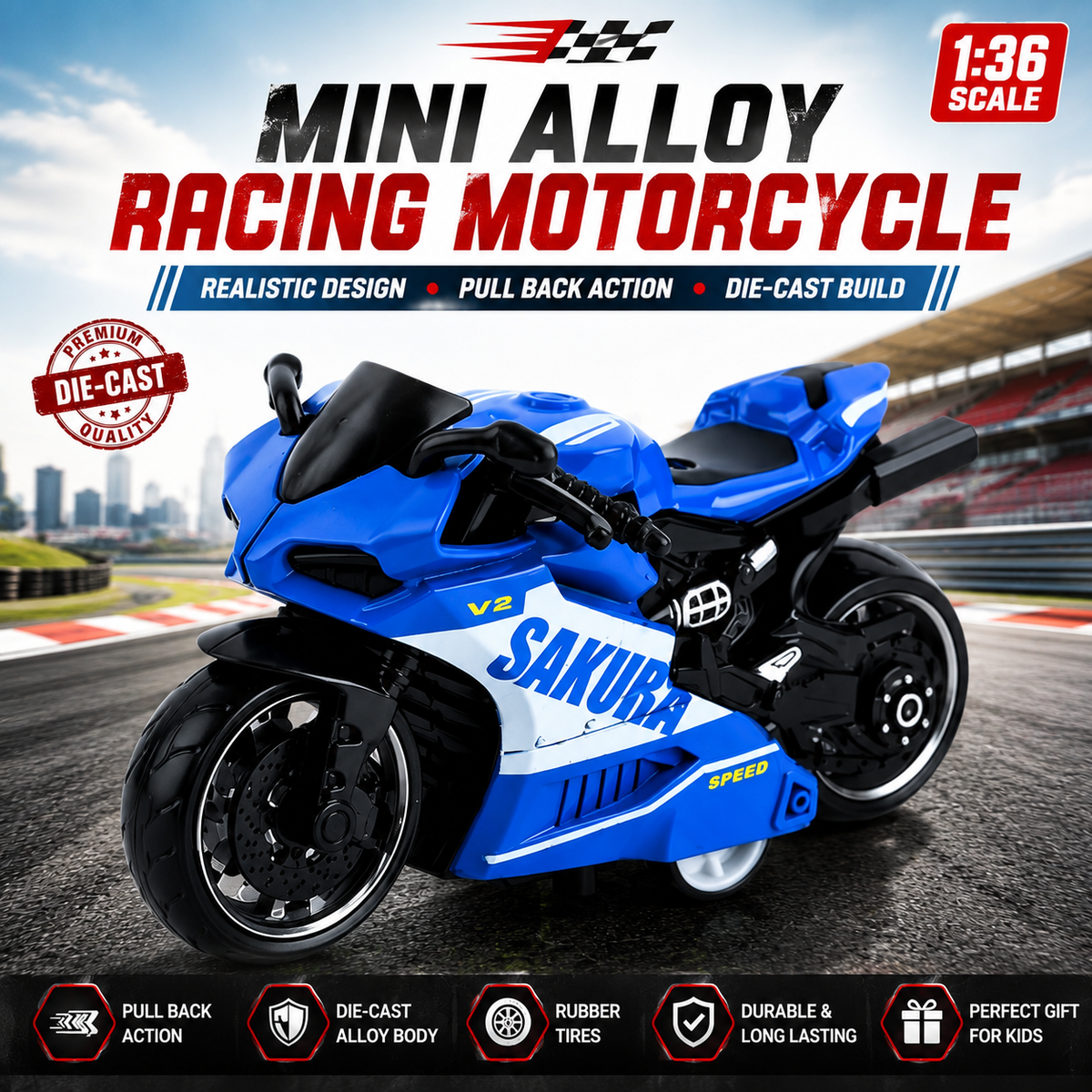 Mini Die-Cast Motorcycle Toy with Pull Back Action & Rubber Wheels