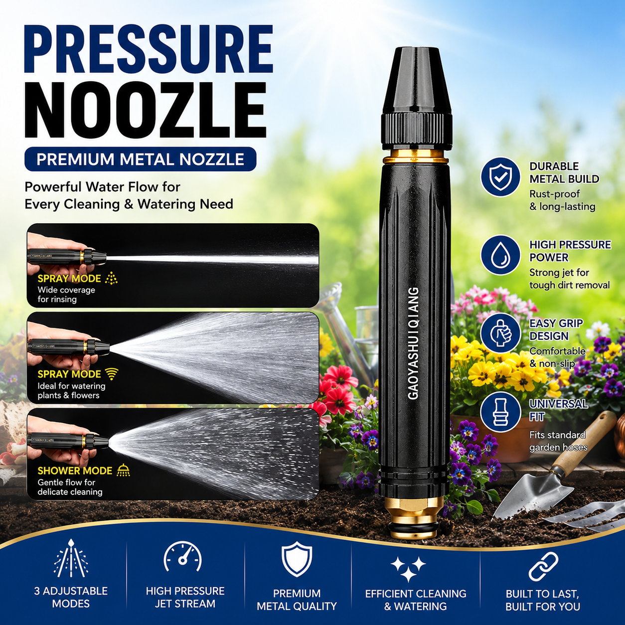 High Pressure Metal Water Spray Nozzle for Garden Hose