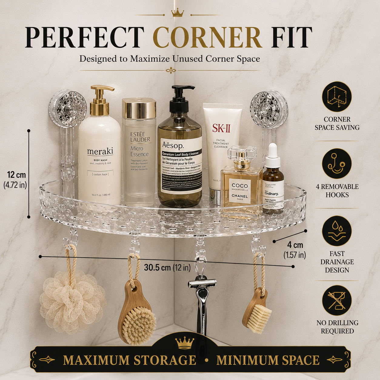 Transparent Corner Shower Shelf with Suction Cups – No Drill Bathroom Storage Rack with Hooks