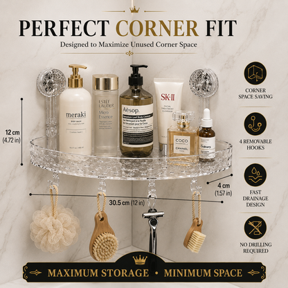 Transparent Corner Shower Shelf with Suction Cups – No Drill Bathroom Storage Rack with Hooks