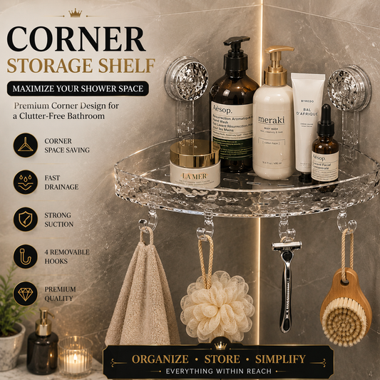 Transparent Corner Shower Shelf with Suction Cups – No Drill Bathroom Storage Rack with Hooks