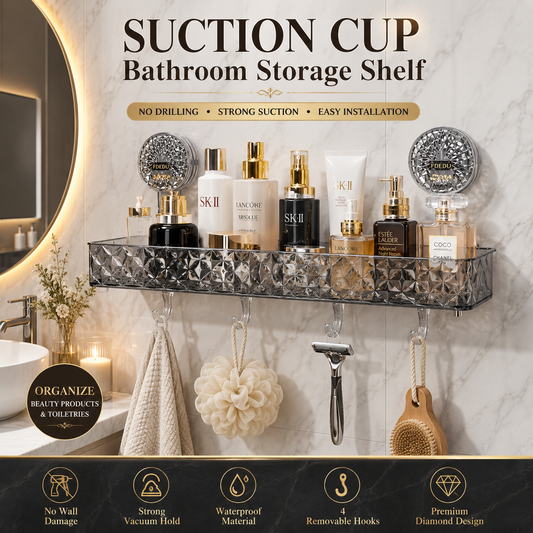 Transparent Suction Cup Bathroom Storage Shelf with Hanging Hooks – No Drill Wall Mounted Organizer Rack