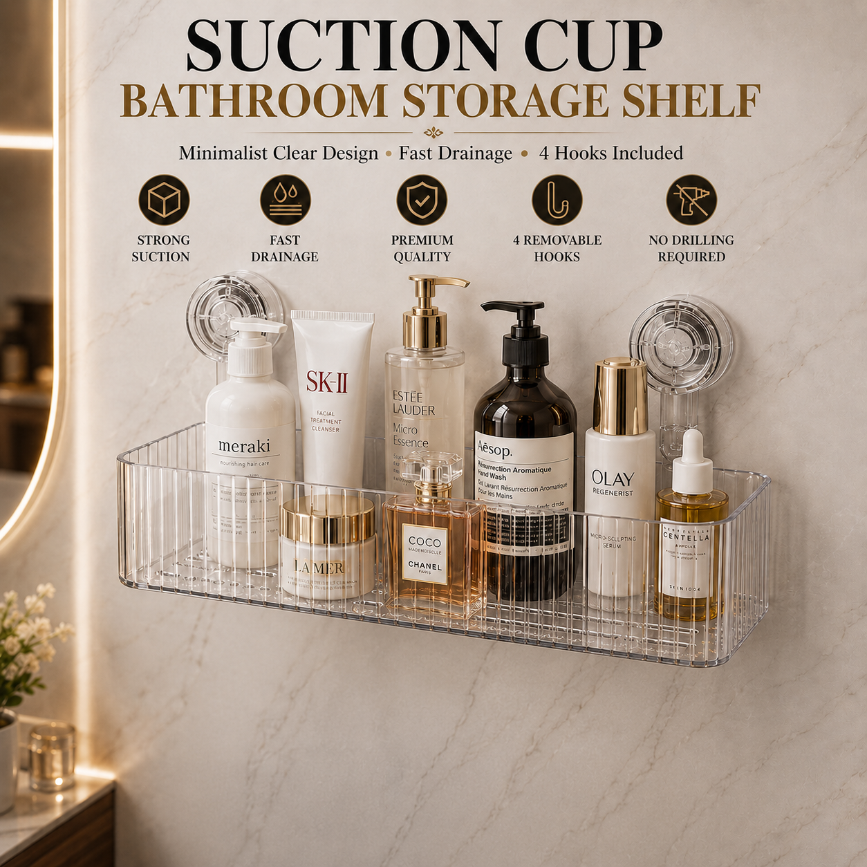 Transparent Suction Cup Bathroom Storage Shelf – No Drill Wall Mounted Organizer Rack