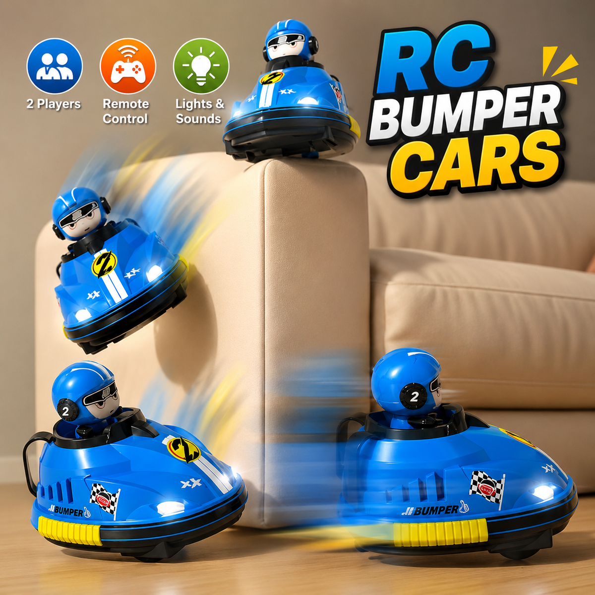 Multiplayer RC Bumper Cars for Kids – 2 Remote Control Cars with Pop-Up Drivers, Lights & Sounds