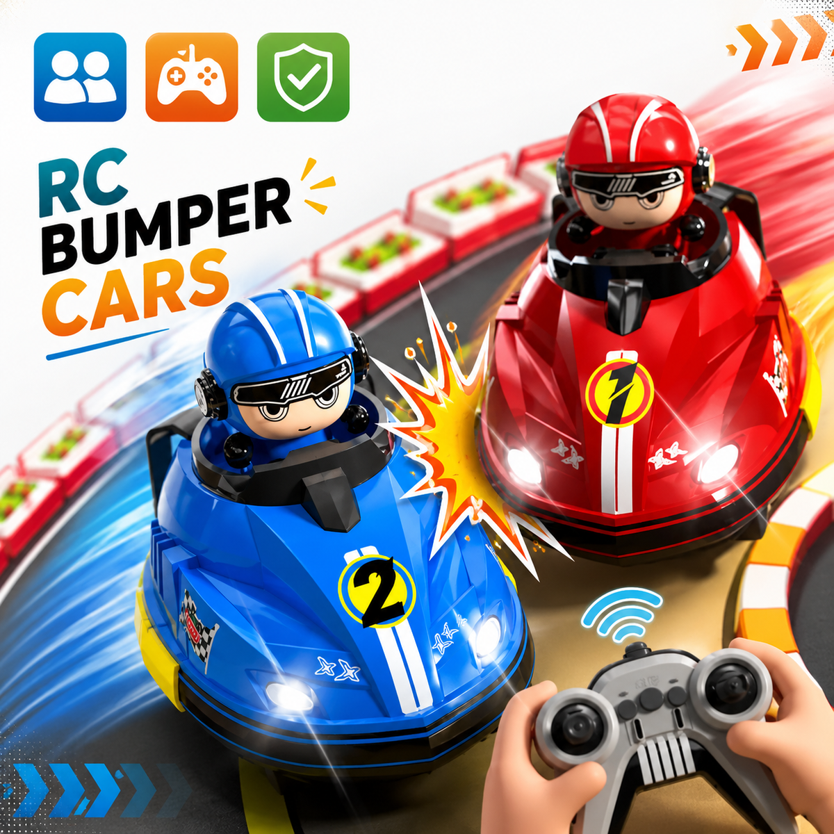 Multiplayer RC Bumper Cars for Kids – 2 Remote Control Cars with Pop-Up Drivers, Lights & Sounds