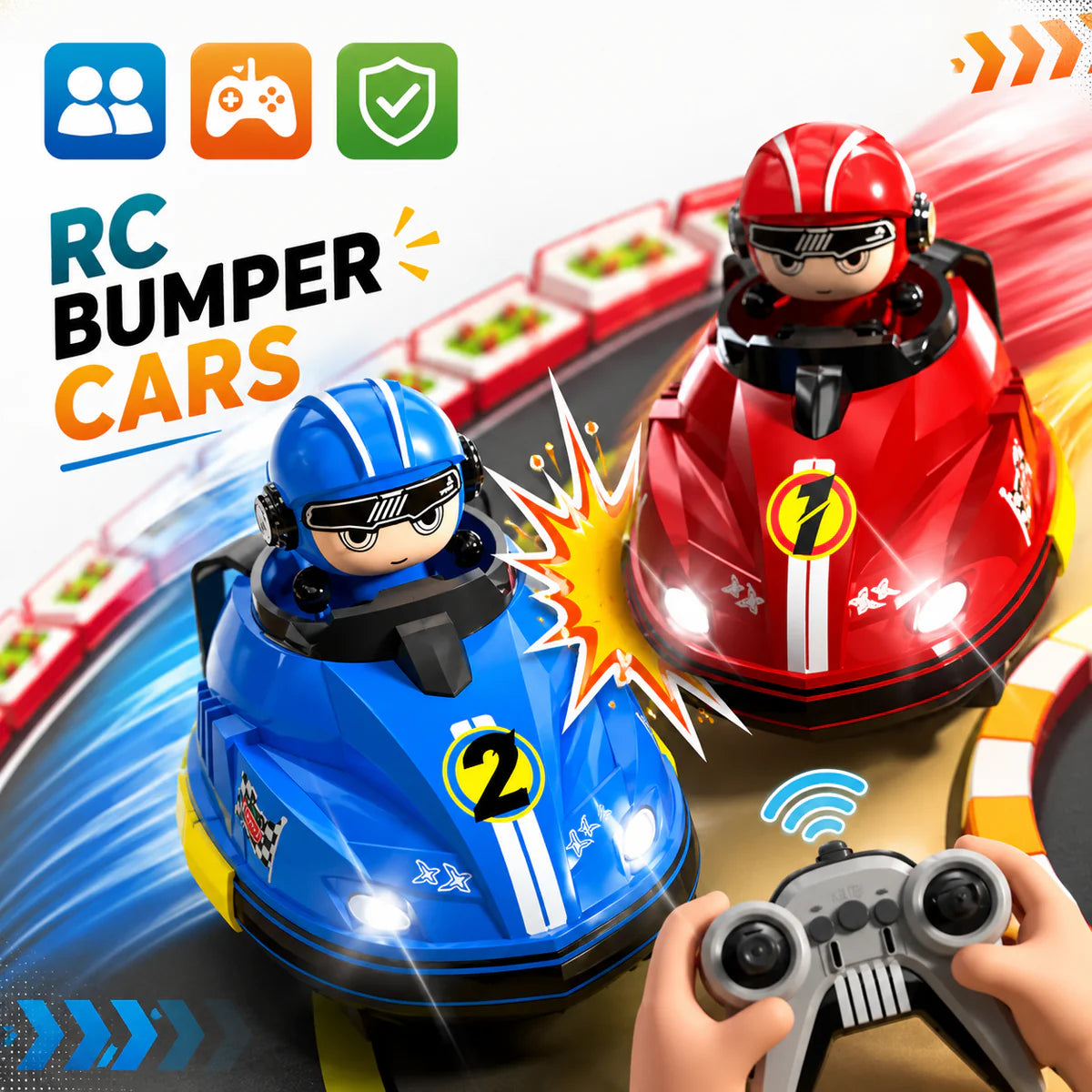 Multiplayer RC Bumper Cars for Kids – 2 Remote Control Cars with Pop-Up Drivers, Lights & Sounds