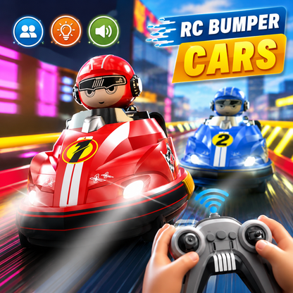 Multiplayer RC Bumper Cars for Kids – 2 Remote Control Cars with Pop-Up Drivers, Lights & Sounds