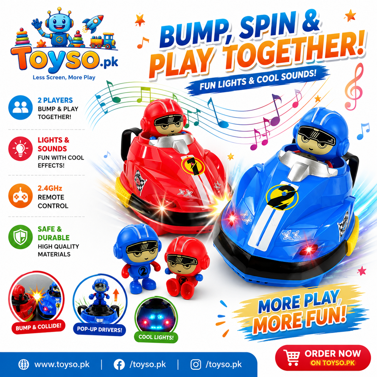 Multiplayer RC Bumper Cars for Kids – 2 Remote Control Cars with Pop-Up Drivers, Lights & Sounds