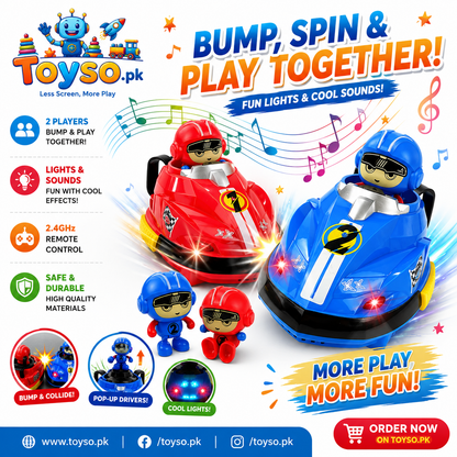 Multiplayer RC Bumper Cars for Kids – 2 Remote Control Cars with Pop-Up Drivers, Lights & Sounds