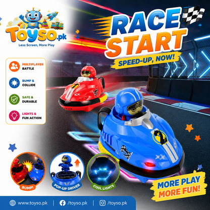 Multiplayer RC Bumper Cars for Kids – 2 Remote Control Cars with Pop-Up Drivers, Lights & Sounds
