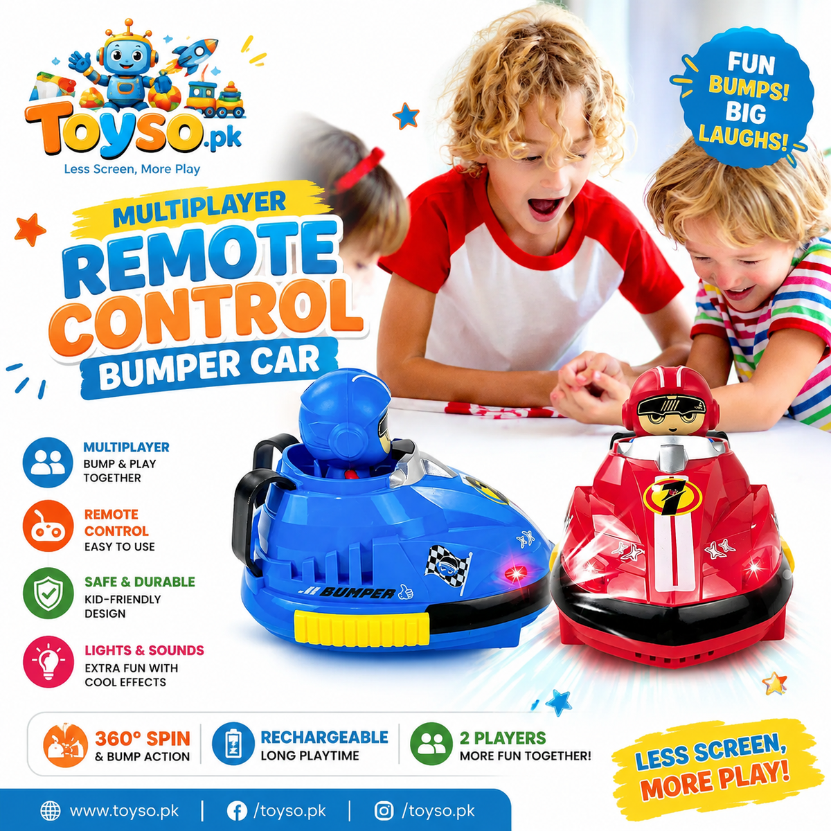 Multiplayer RC Bumper Cars for Kids – 2 Remote Control Cars with Pop-Up Drivers, Lights & Sounds
