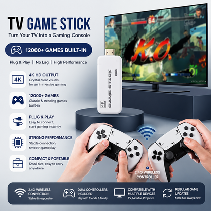 M15 4K TV Game Stick Console – 12000+ Built-in Games, Wireless Controllers