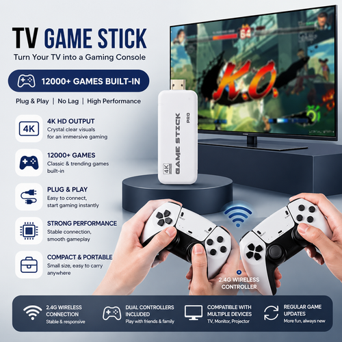 M15 4K TV Game Stick Console – 12000+ Built-in Games, Wireless Controllers