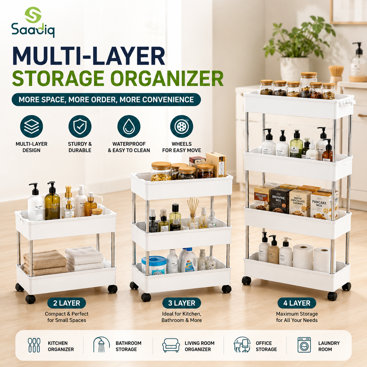 Multi-layer storage organizer rack 2 3 4 tier rolling cart - Saadiq.pk Pakistan