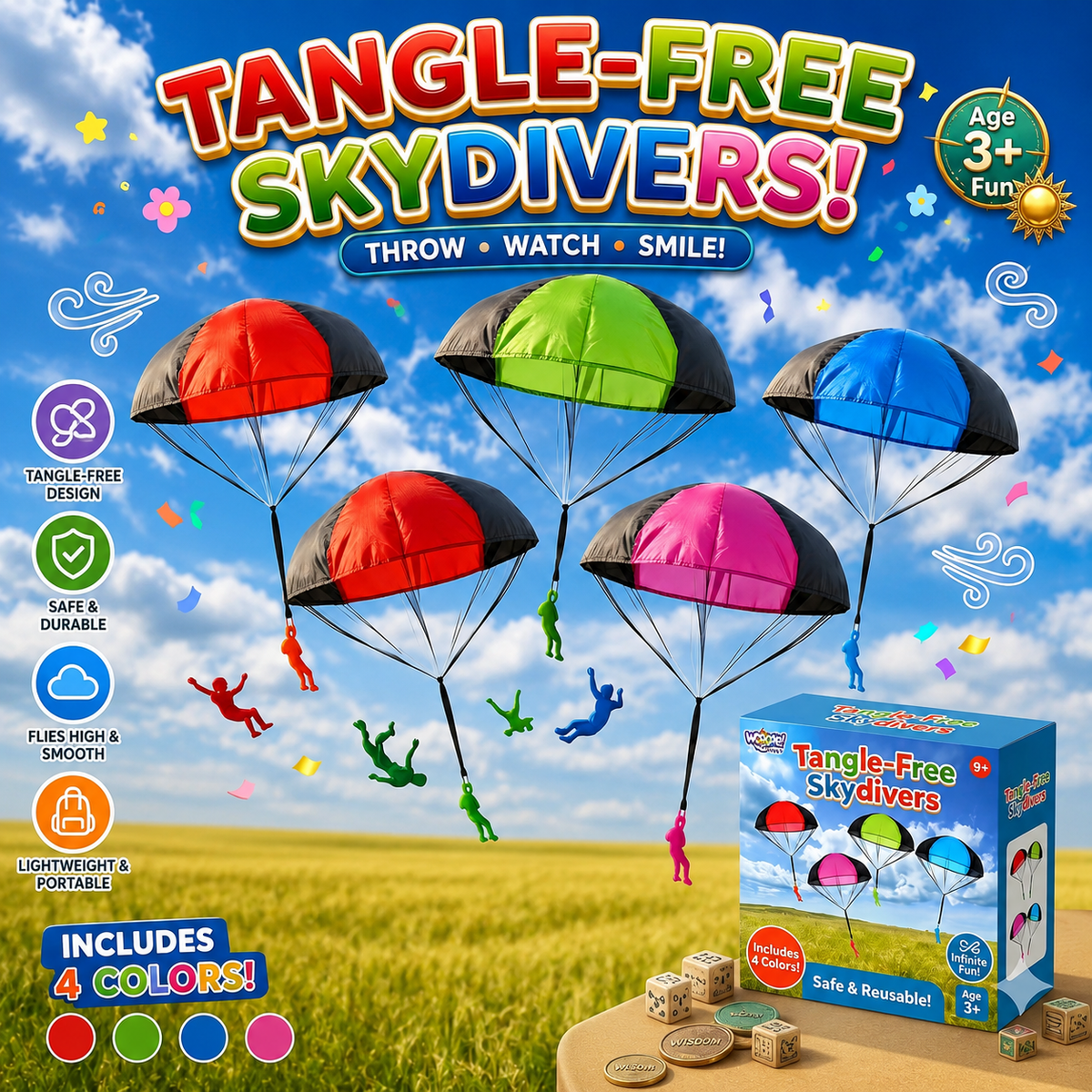 Tangle-Free Skydive Parachute Toy Set – Outdoor Throwing Flying Toys for Kids
