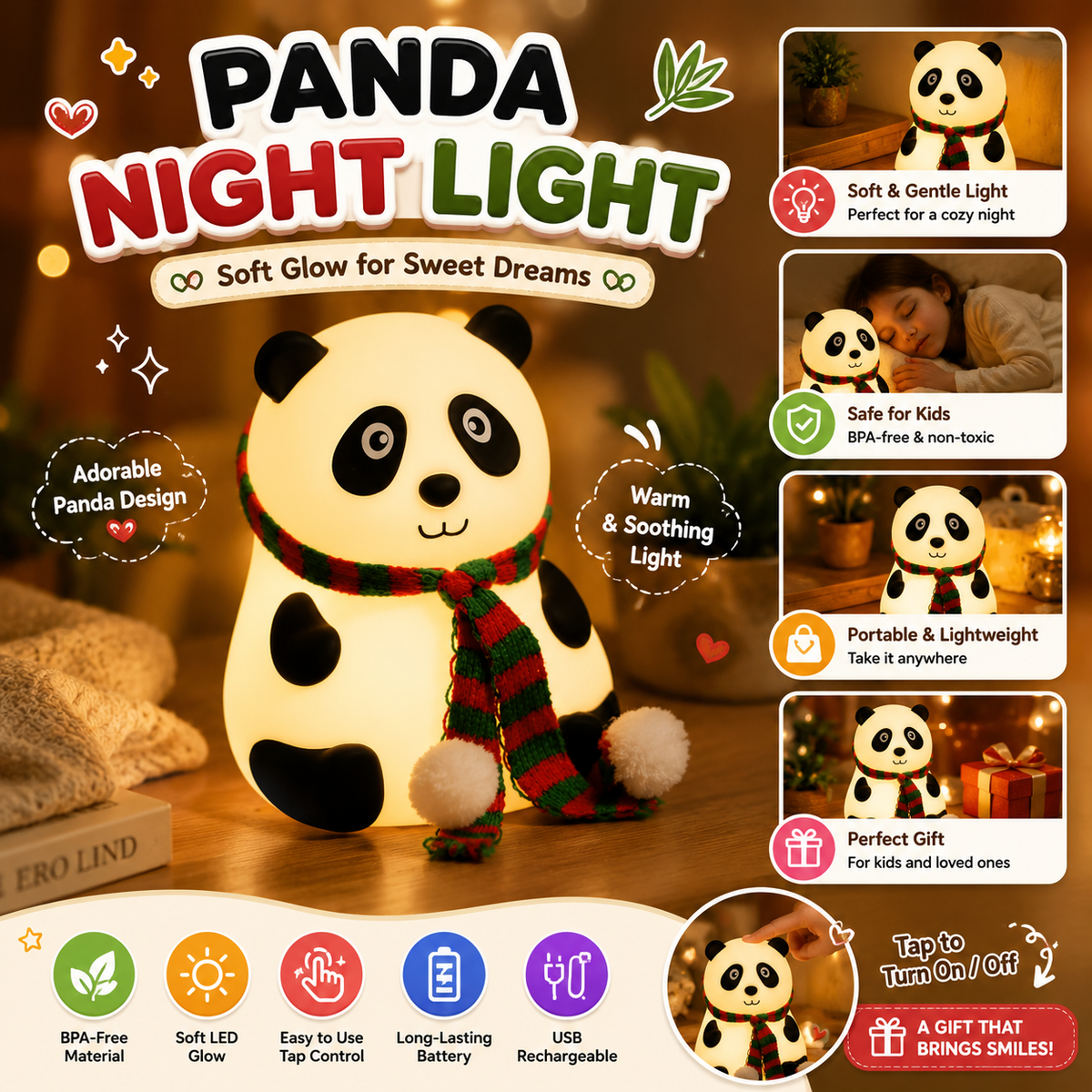 Panda Night Light – Soft LED Rechargeable Lamp for Kids Bedroom