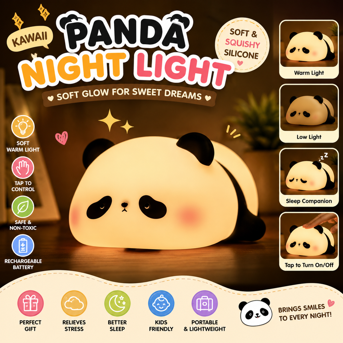 Panda Night Light – Soft Silicone LED Rechargeable Lamp for Kids