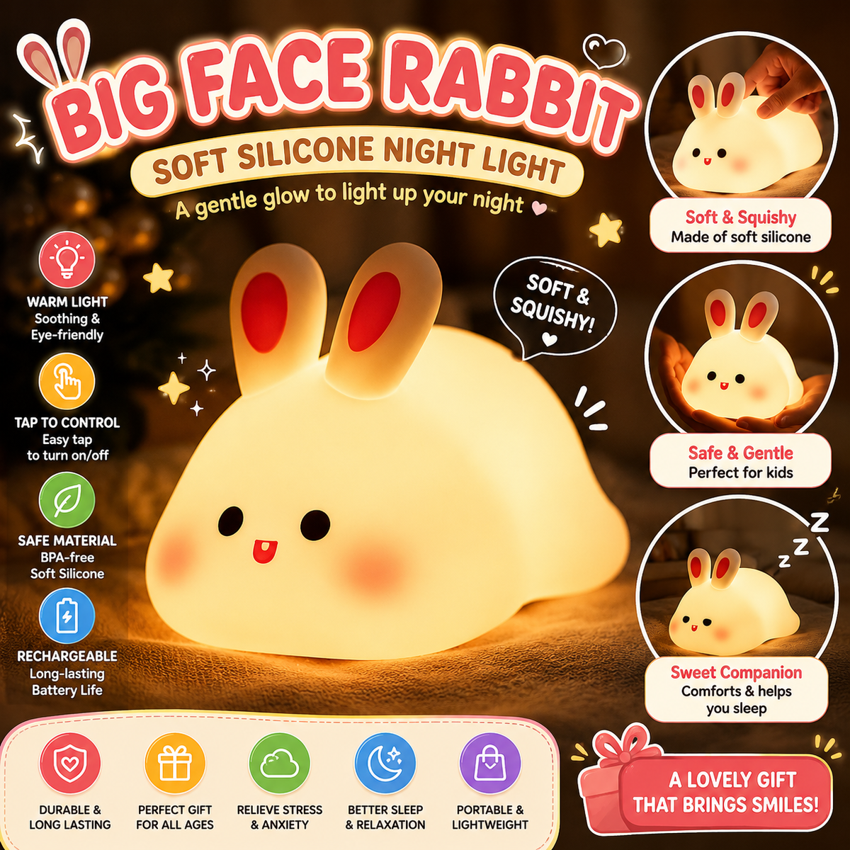 Big Face Rabbit Night Light – Soft Silicone LED Rechargeable Lamp for Kids