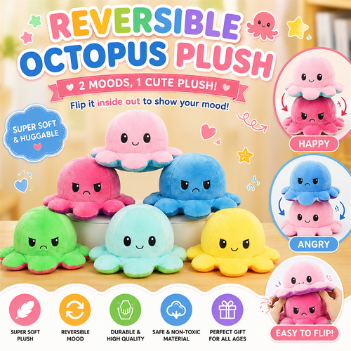 Reversible Octopus Plush Toy – 2-in-1 Mood Flip Soft Toy