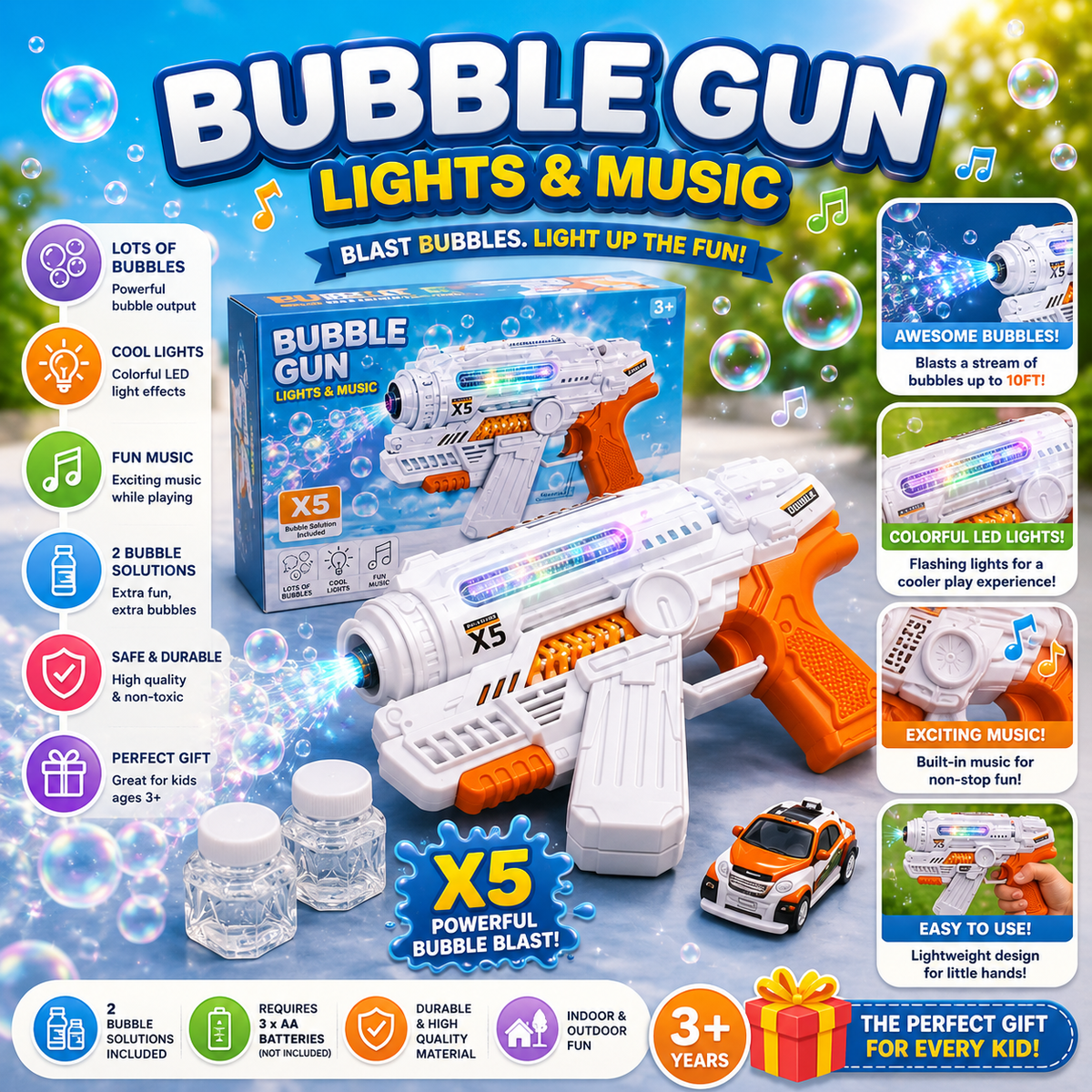 Electric Bubble Gun with Lights and Music – Automatic Bubble Blaster Toy for Kids