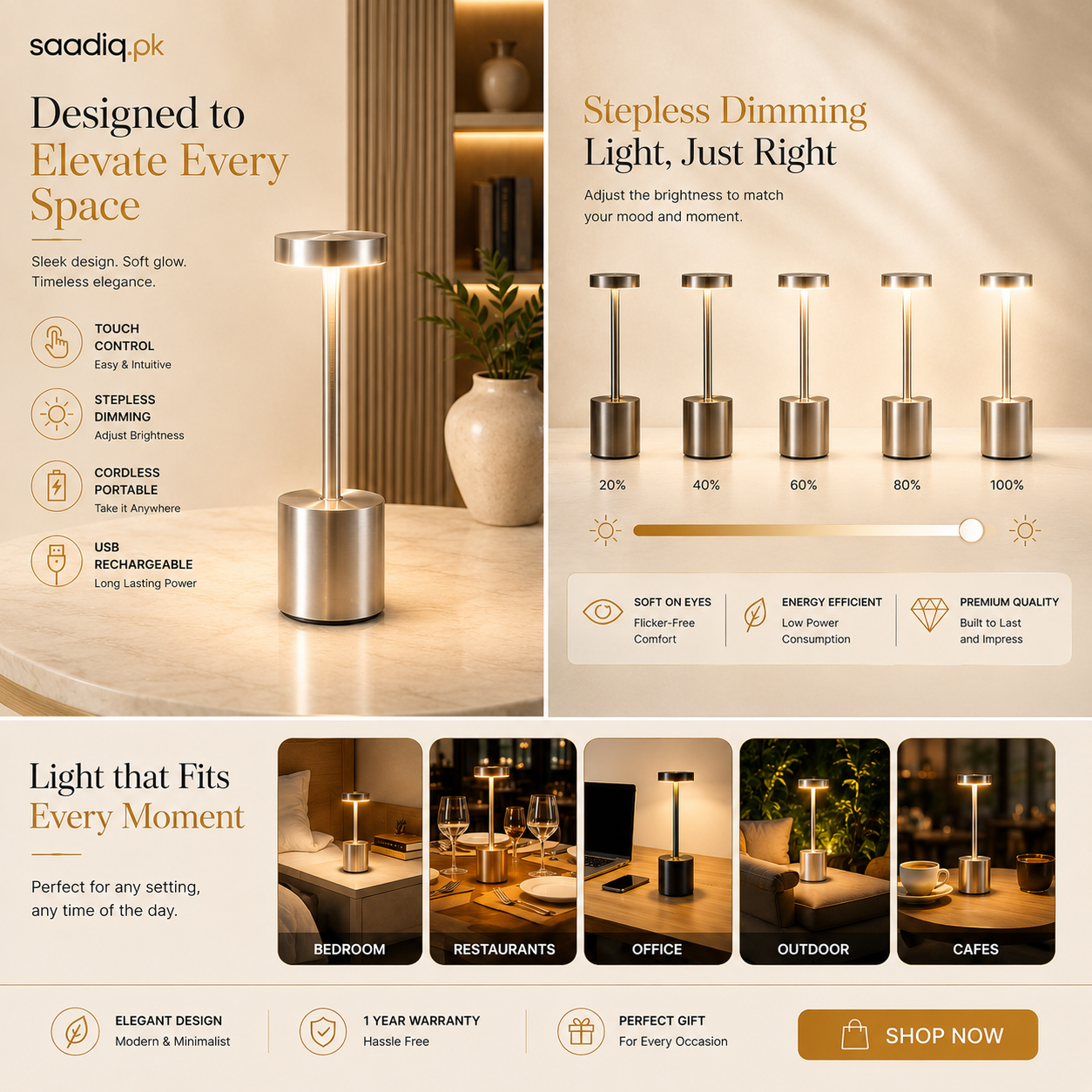Modern Rechargeable Table Lamp – Touch Control LED Night Light with Stepless Dimming