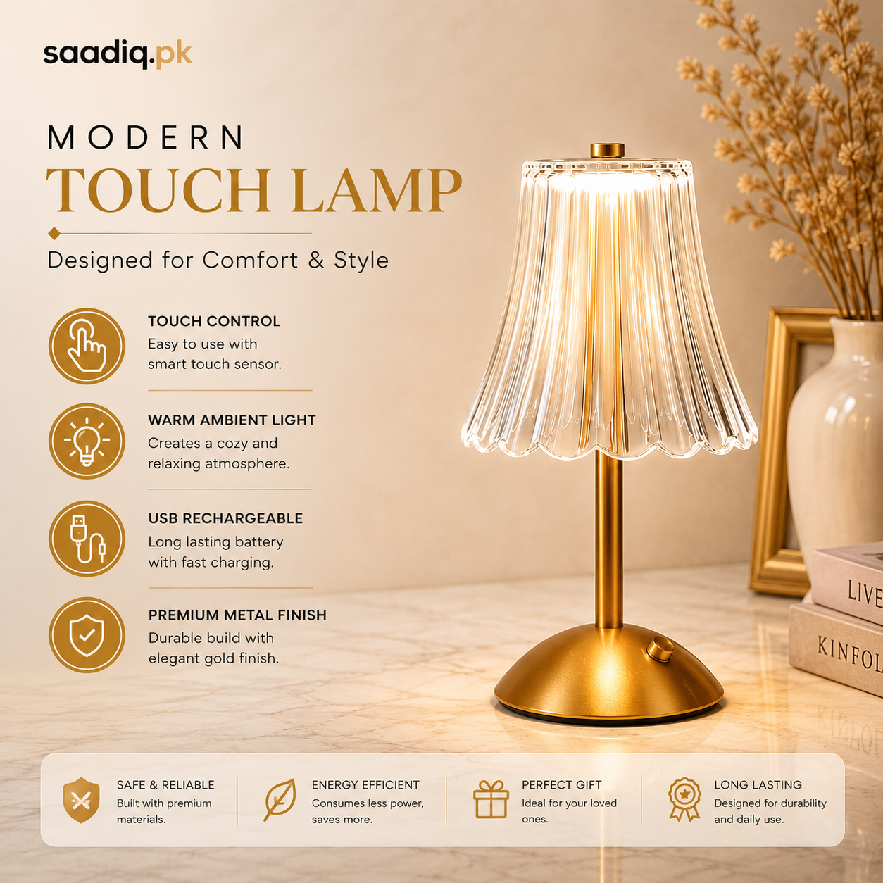 Modern Touch Table Lamp – USB Rechargeable LED Light with Warm Ambient Glow