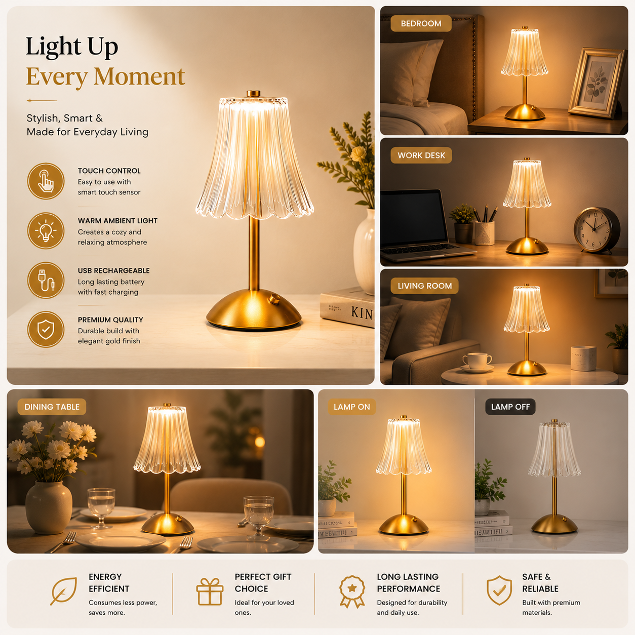 Modern Touch Table Lamp – USB Rechargeable LED Light with Warm Ambient Glow