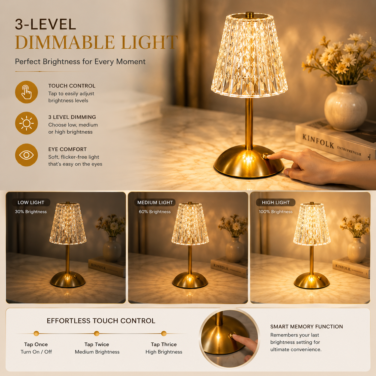 Diamond Crystal Table Lamp – Luxury Rechargeable LED Touch Lamp