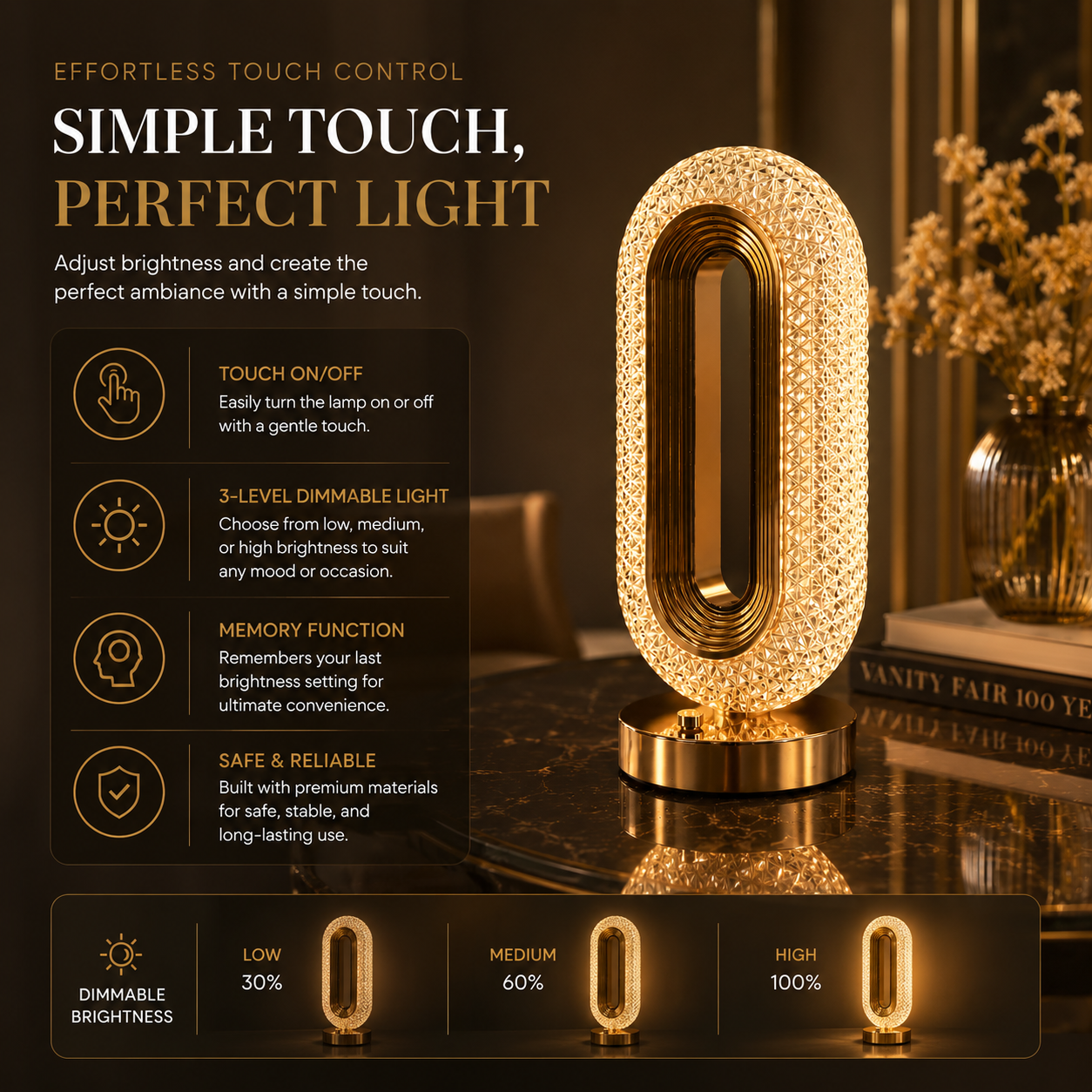 Modern Crystal Table Lamp – USB Powered Touch Dimmable Luxury LED Lamp