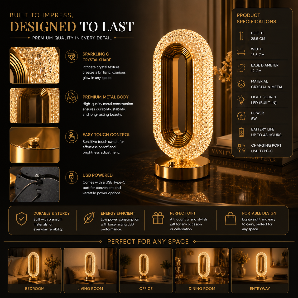 Modern Crystal Table Lamp – USB Powered Touch Dimmable Luxury LED Lamp