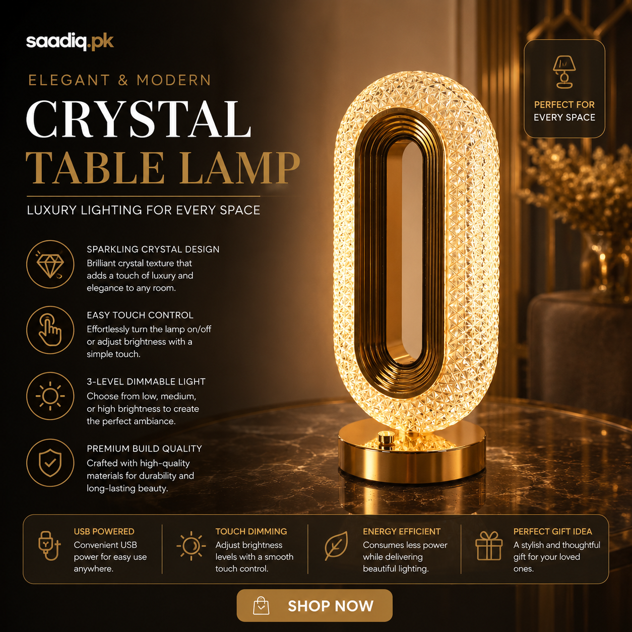 Modern Crystal Table Lamp – USB Powered Touch Dimmable Luxury LED Lamp