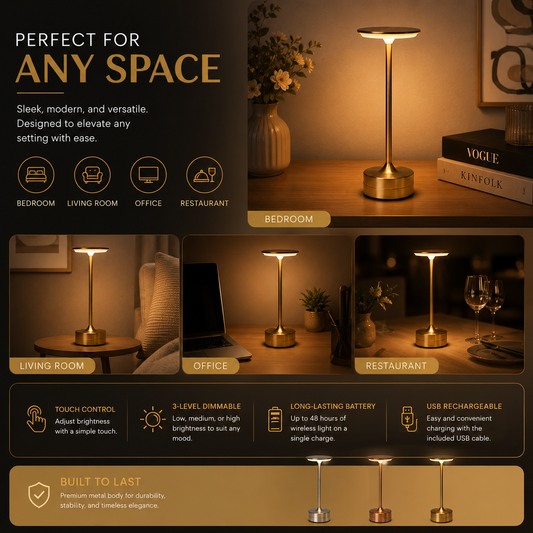 Luxury Metal Table Lamp – USB Rechargeable Touch Dimmable LED Lamp
