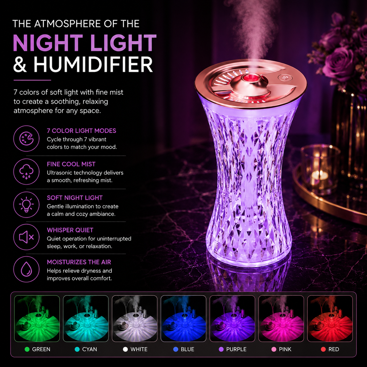 7 color crystal humidifier night light - buy in Pakistan