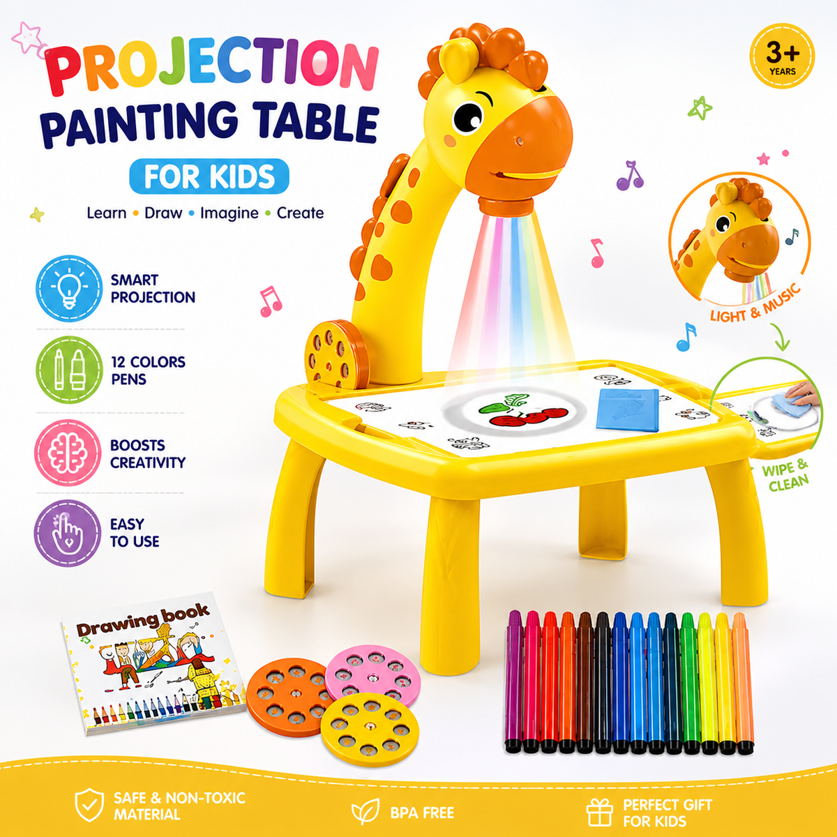 3-in-1 Giraffe Projection Painting Table for Kids – LED Drawing Projector Toy with Colors & Music