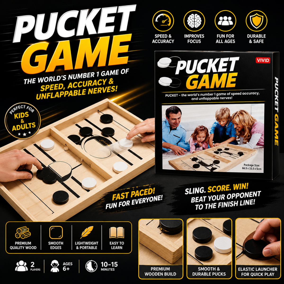 Pucket Game Wooden Sling Puck Board Game – Fast-Paced Family Game