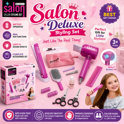Kids Salon Deluxe Styling Set – Beauty Hair Stylist Toy Kit with Hair Dryer, Straightener & Accessories