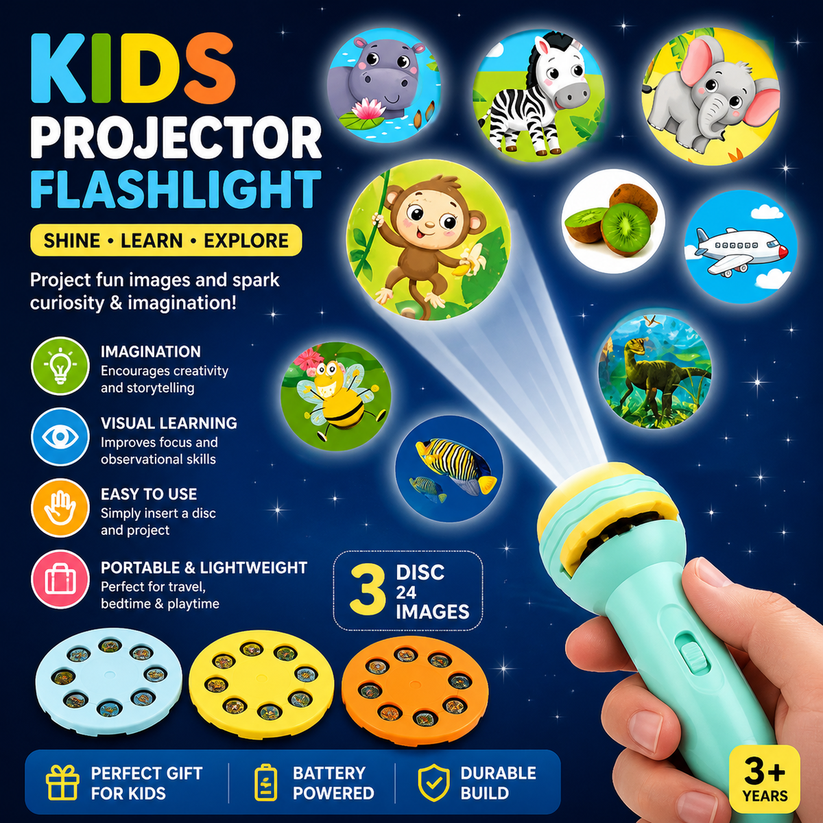 Kids Projector Flashlight Toy with 3 Slide Discs (24 Images) | Educational Projection Torch