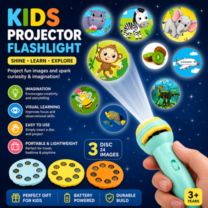 Kids Projector Flashlight Toy with 3 Slide Discs (24 Images) | Educational Projection Torch