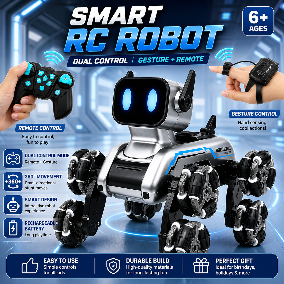 Smart RC Robot Toy with Dual Control Mode – Gesture Sensor & Remote Control