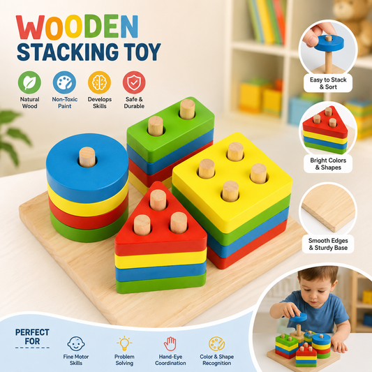 Wooden Stacking Toy for Kids – Shape Sorting & Color Learning Puzzle