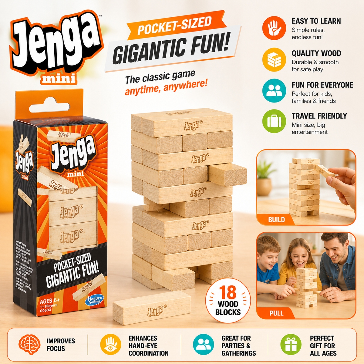 Mini Wooden Jenga Game – Pocket Size Stacking Tower, 18 Blocks, Family Fun Party Game