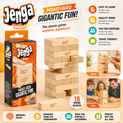 Mini Wooden Jenga Game – Pocket Size Stacking Tower, 18 Blocks, Family Fun Party Game