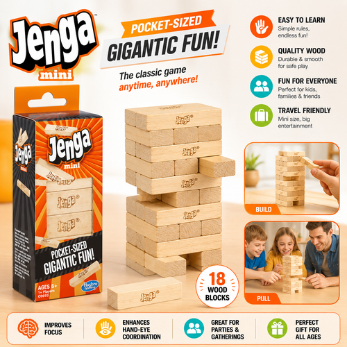 Mini Wooden Jenga Game – Pocket Size Stacking Tower, 18 Blocks, Family Fun Party Game