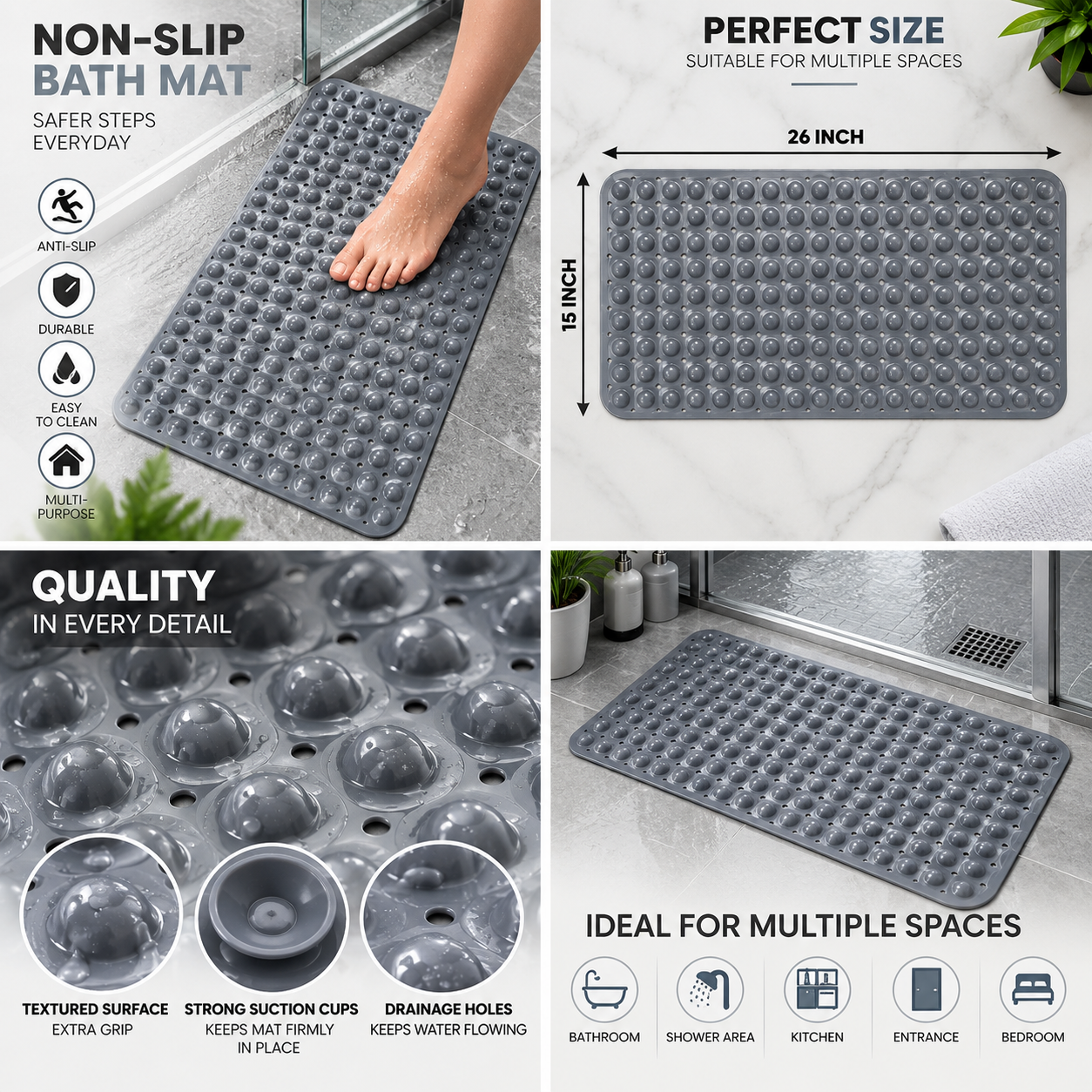 Non-Slip Bath Mat with Suction Cups & Drainage Holes | Shower Floor Mat