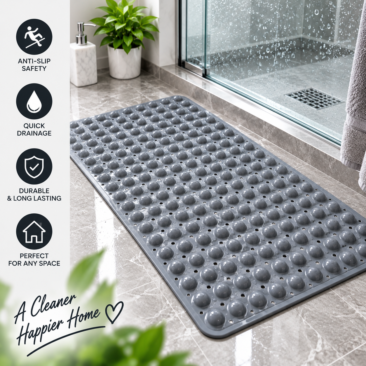 Non-Slip Bath Mat with Suction Cups & Drainage Holes | Shower Floor Mat