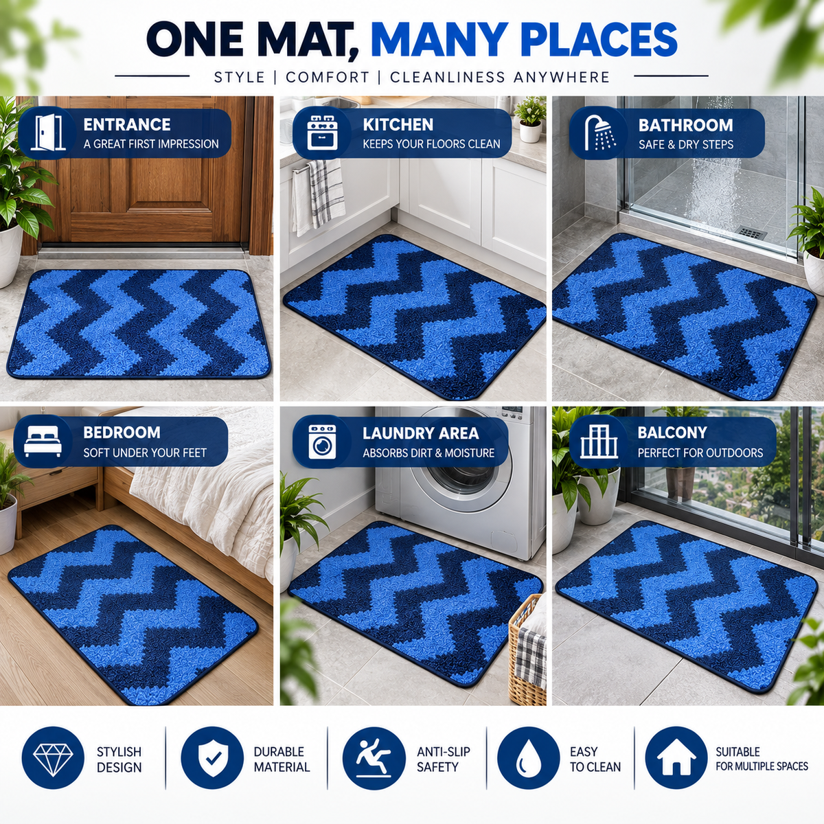 Blue Chevron Floor Mat | Anti-Slip Decorative Door & Home Mat