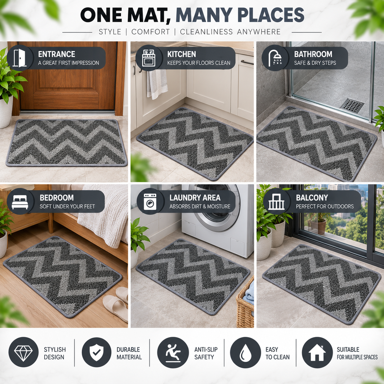 Soft Chevron Floor Mat | Non-Slip Door & Bathroom Mat | 23 × 16 Inch